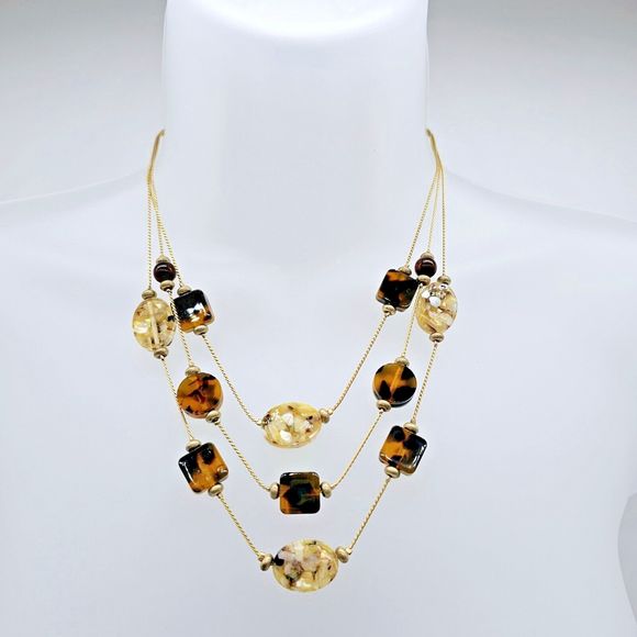 Abalone Chip Station Necklace Faux Tortoise MOP Multi Layer Statement Jewelry - Picture 7 of 10